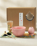 Handcrafted Matcha Kit, 7-Piece Green Tea Set, Includes Ceramic Bowl, Bamboo Whisk, Stainless Steel Sifter, Bamboo Scoop, Whisk Holder & Cotton Towel, Perfect for Tea Ceremony, Pink Small Flower