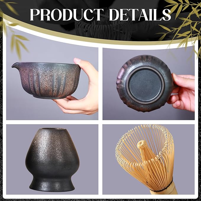 4 PCS Matcha Whisk Set, Matcha Kit Includes Ceramic Matcha Bowl with Spout, Bamboo Whisk, Bamboo Scoop and Ceramic Holder for Tea Matcha Lover, Gilded
