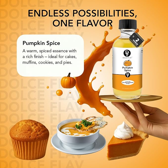 Dolce Flav Natural Pumpkin Spice Extract – 8 Ounce Oil-Soluble Kosher, Sugar-Free, Concentrated Warm Pumpkin Spice Flavoring for Baking, Smoothies & Desserts
