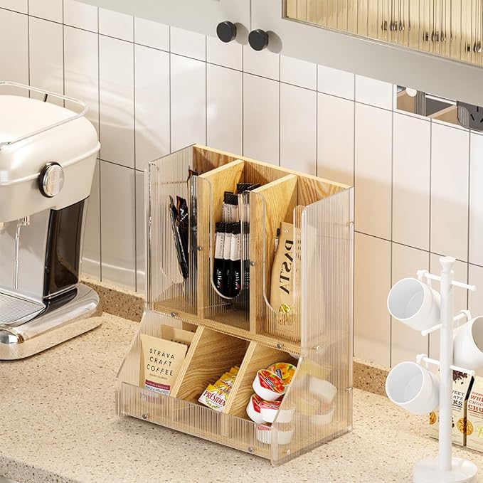 BYCY Coffee Bar Organizer for Countertop,Wooden Shelf for Tea Station with acrylic boards,Coffee Cup and Lid Organizer Coffee Pod Holder Accessories Storage for Office, Home