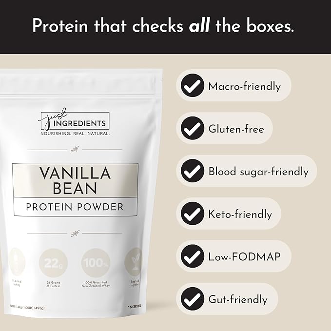 JUST INGREDIENTS Vanilla Protein Powder - Grass-Fed Whey Blend, Organic, Gluten Free - 15 Servings, 22g Protein