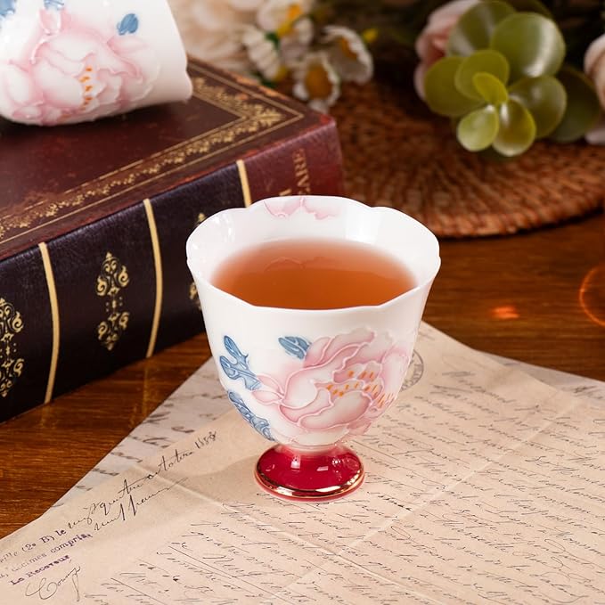 KAMMAK Tea Cup Set of 2 Small Tea Cups 2.8oz Floral Porcelain Tea Cup Set, Asian Ceramic Teacups for Home, Party, Office, Chinese Kung Fu Tea Set for Hot/Cold Drink