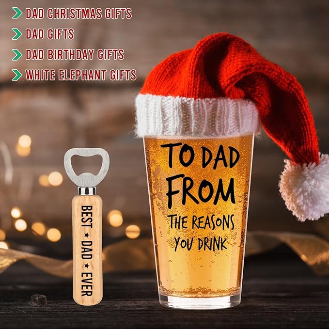 Father's Day Gifts For Dad: Funny Father's Day Beer Glass Gift Set With Wooden Bottle Opener & Greeting Card - Cool Unique Birthday Gift Idea Gifts For Dad Who Want Nothing