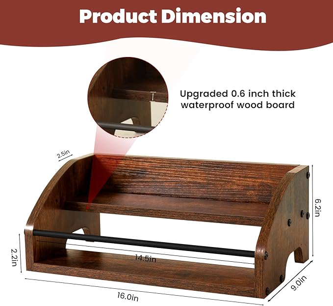 Rustic Wooden Countertop Organizer- Liquor Bottle Display Shelf, Coffee Syrup Rack, Mini bar, Liquor Cabinet, Home Retro Bar Shelf Stand for Liquor Whiskey, Spirits - Brown