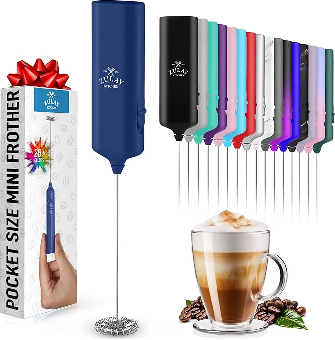 Mini & Mighty Milk Frother Wand – Powerful Handheld Coffee Frother, Battery Operated Drink Mixer – Compact Pocket Size – Detachable Whisk for Latte, Cappuccino, Matcha, Hot Chocolate – Navy Blue