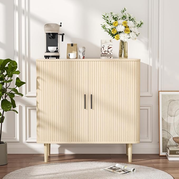 35" Fluted Accent Buffet Cabinet, Oak Small Storage Sideboard with Sliding Door, Mid Century Natural Credenza with Solid Wood Leg, Wine Coffee Bar Console Table for Kitchen, Entryway, Diningroom