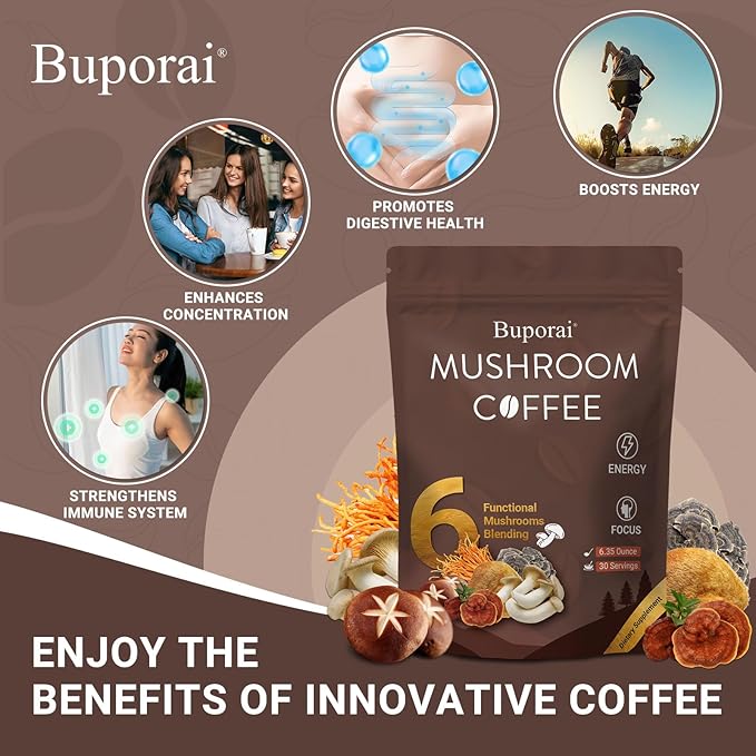 Mushroom Coffee, Instant Mushroom Coffee with 6 Mushrooms Lion’s Mane, Cordyceps, Turkey Tail & Other for Energy, Focus, Digestion, Immunity, 30 Servings (2 Pack)