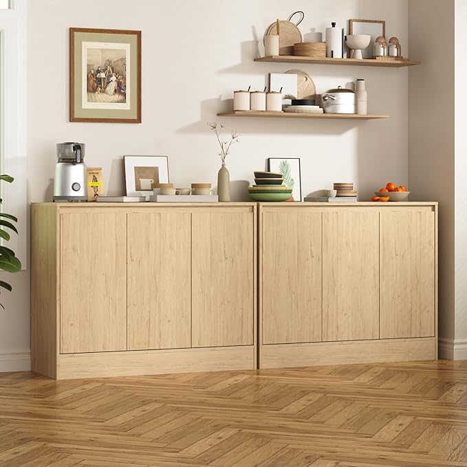 Buffet Cabinet with Storage, Coffee Bar Cabinet with 3 Doors and Adjustable Shelf, Modern Kitchen Buffet Sideboard for Living Room, Kitchen, Natural