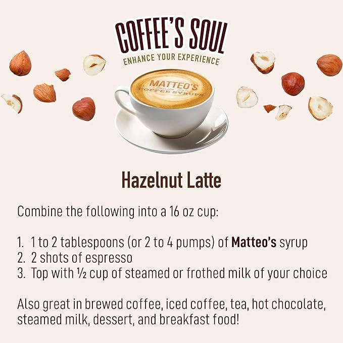 Matteo's Hazelnut Syrup for Coffee, Lattes, Cappuccinos & Desserts – Sugar-Free Sweetener for Beverages, Keto Friendly, Zero Calories, Indulgent Flavor, Non-Alcoholic, Ideal for Coffee 33.8oz (6pk)