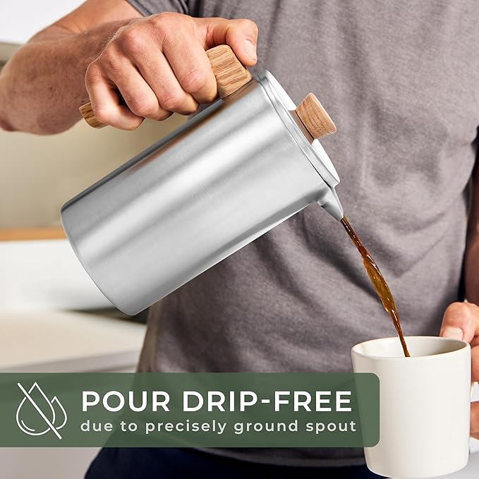 WALDWERK French Press (34 oz) - Stainless Steel Double Wall French Press Coffee Maker - Plastic Free Coffee Press with Oak Wood Handle - Insulated Stainless Steel Coffee Maker