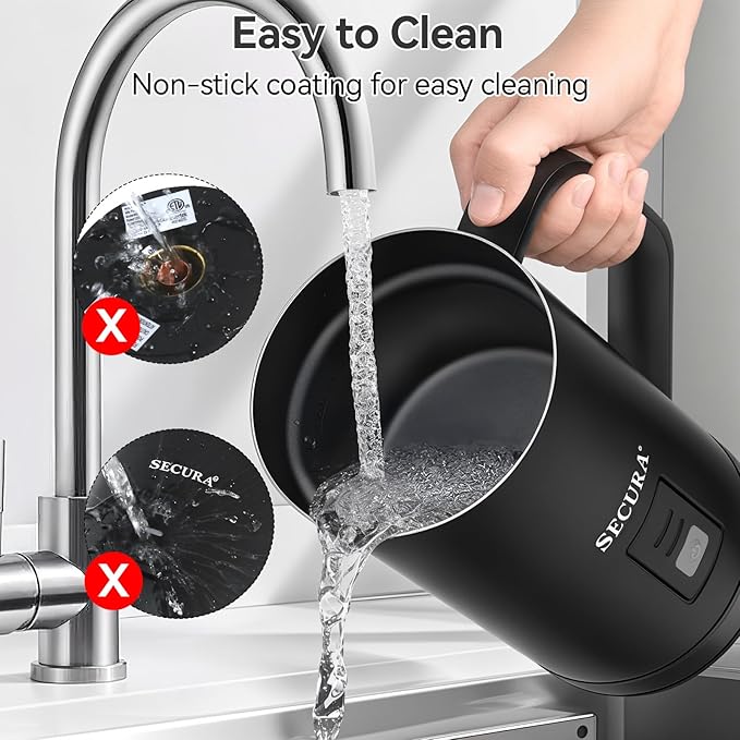 Secura 𝗠𝗶𝗹𝗸 𝗙𝗿𝗼𝘁𝗵𝗲𝗿, Electric Milk Steamer Stainless Steel, 8.4oz/250ml Automatic Hot and Cold Foam Maker and Milk Warmer for Latte, Macchiato (Black)