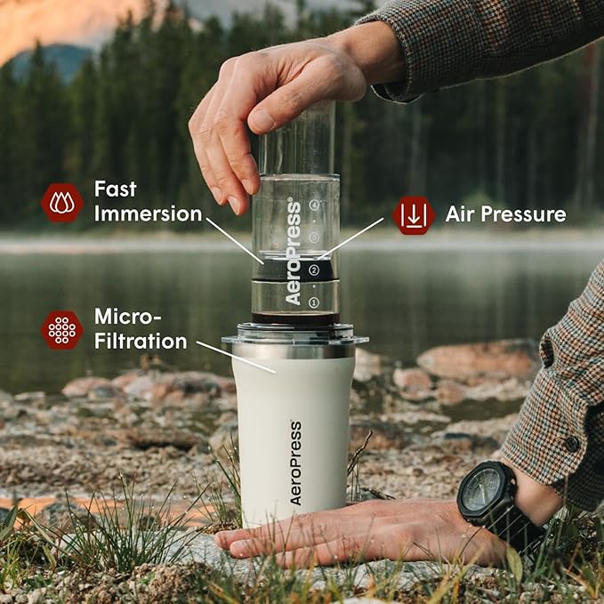 AeroPress Go Plus, Small Portable Coffee Maker Kit, Travel, Camping & Office, All-in-One French Press, Pour-Over & Espresso Style Manual Brewer, 2 Min Brew for Less Bitterness, More Flavor, Cream