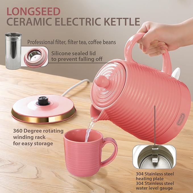 1.2 Liters Ceramic Electric Kettle with Infuser & Mug Set,1000W Fast Boil Water for Tea Coffee, Teapot with Boil-Dry Protection Auto Shut Off, Detachable Swivel Base