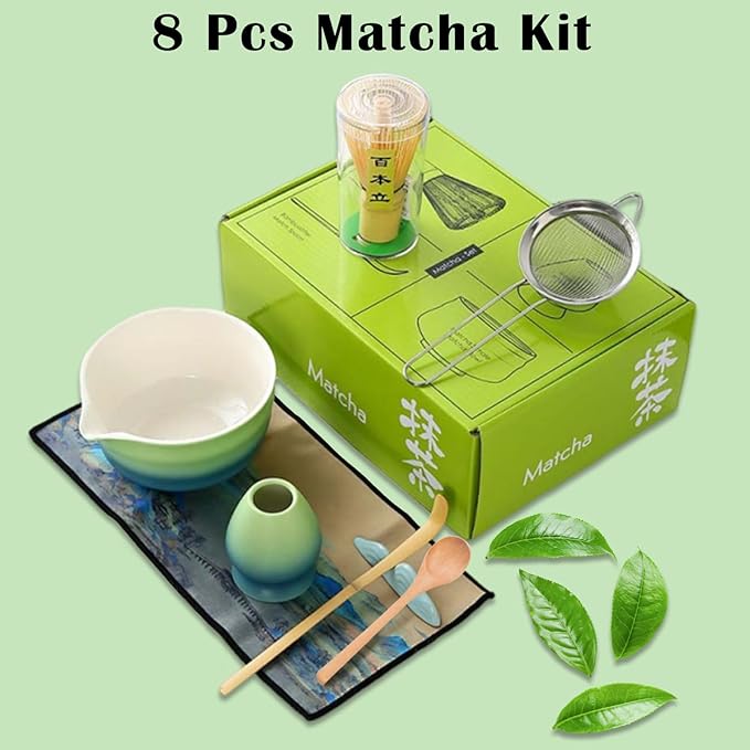 Matcha Whisk Set, 8 Pcs Ceramic Match Bowl with Spout and Bamboo Matcha Whisk and Holder, Bamboo Spoon and Scoop, Sifter, Tea Towel, Matcha Kit for Matcha Tea Ceremony (Gradient Blue Green)