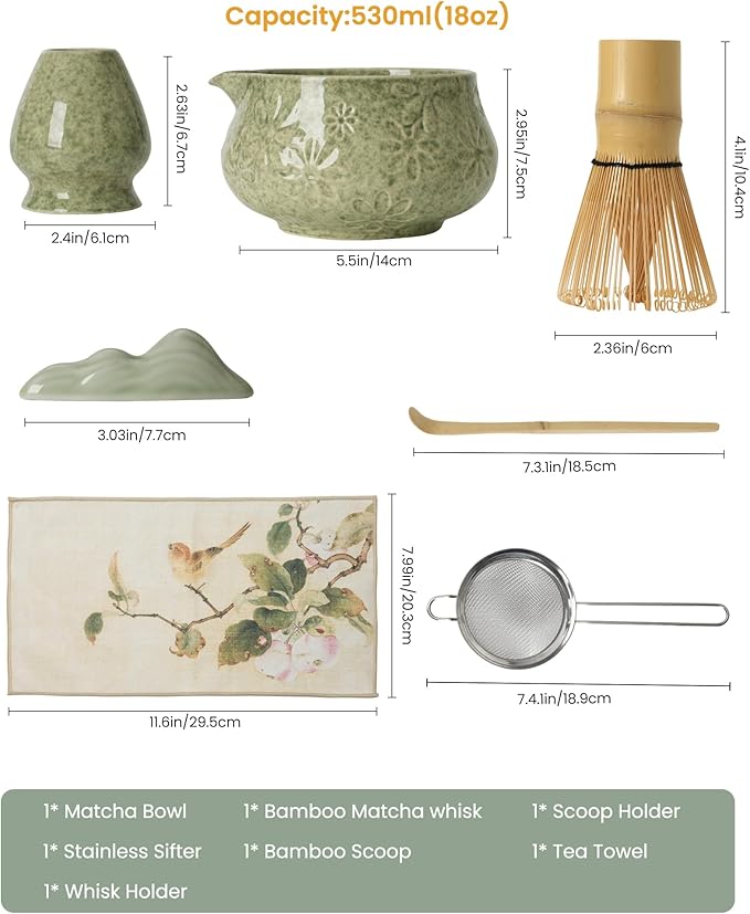 Matcha Whisk Set, Ceramic Matcha Kit Set Includes Matcha Bowl, Matcha Whisk and Holder, Bamboo Scoop, Scoop Rest, Sifter and Tea Towel - 7 Pcs Matcha Kit for Matcha Lovers(Green)