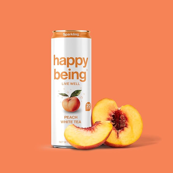 Happy Being Sparkling Nutrient-Rich Peach Rose White Tea – Infused with Turmeric, Elderberry, Vitamin D3, Caffeine Free, Plant-Based, Low Calorie & Low Sugar Drinks, 12oz (16 Pack)