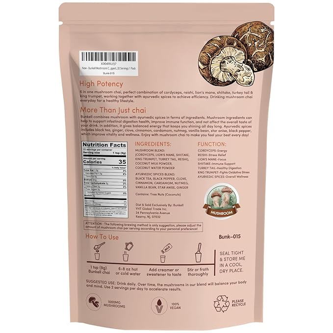 Bunkell Mushroom Chai, Adaptogenic 6 Mushrooms with Lion's Mane, Reishi, Cordyceps, Shiitake, King Trumpet & Turkey Tail, Chai Powder for Energy, Focus, Digestion & Immune Support, 20 Servings 1 Pack