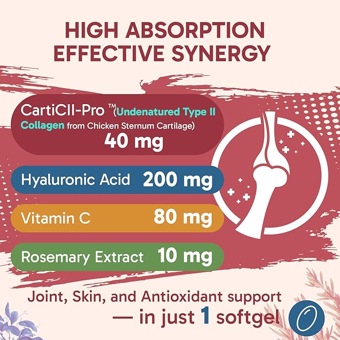 Liposomal Collagen Joint Support Supplement - Undenatured Type II Collagen for Men & Women with Hyaluronic Acid & Vitamin C for Joints Health & Mobility, 120 Softgels