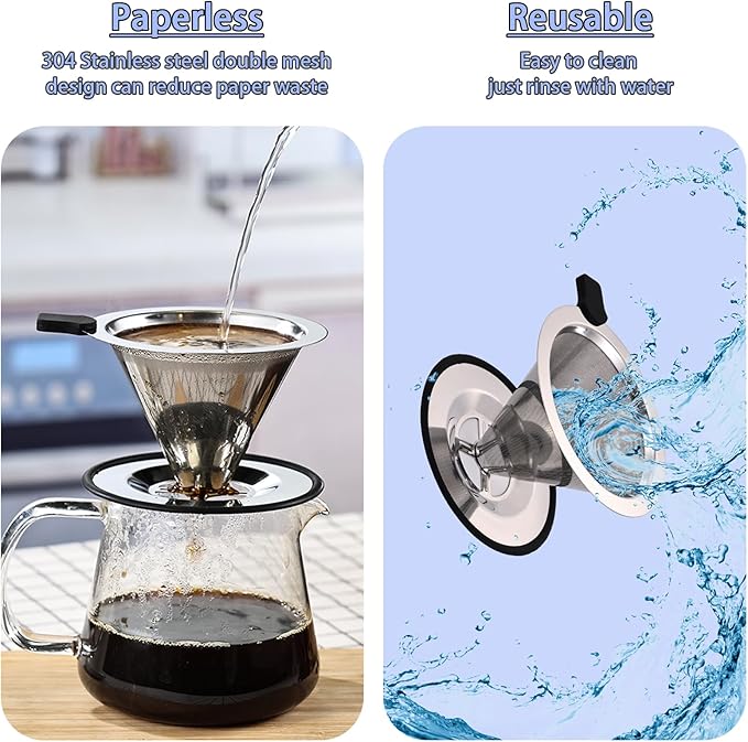 Pour Over Coffee Filter Dripper, Stainless Steel Metal Cone Drip Coffee Filter, Paperless and Permanently Reusable, Double Mesh Coffee,Tea Filter for 2-4 Cups