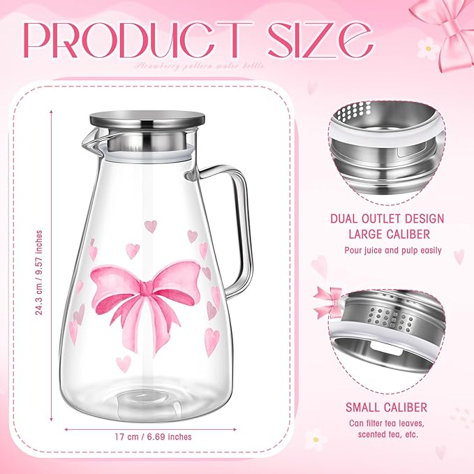Domensi 74 oz / 2200 ml Glass Pitcher with Lid Water Pitcher with Handles Beverage Water Jar Glass Jug Hot and Cold Resistant Carafe for Tea Juice Milk Coffee Iced Beverage (Pink Bow)