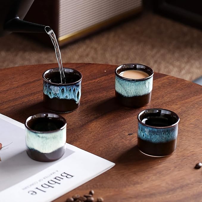Japanese Tea Cups Set of 6 Ceramic Tea Cups, 2.5 Ounces Ceramic Cups, Matcha Cups(magic blue exterior)