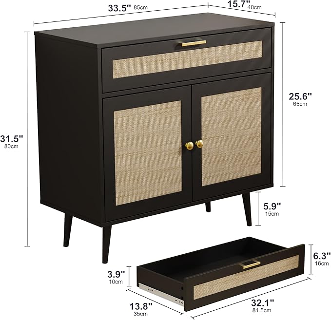 Rattan Sideboard Buffet, Boho Kitchen Cabinet with Drawer & 2 Doors, Modern Mid Century Accent Cabinet with Adjustable Shelf, Coffee Bar for Living Room, Entryway, Kitchen, Black