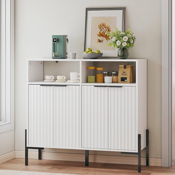 White Buffet Cabinet with Storage, Fluted Storage Cabinet with Doors & Adjustable Shelves, Solid Wood TV Stand Credenza for Kitchen Dining Room, 41"L x 14"D x 37"H Easy Assembly Kitchen Sideboard