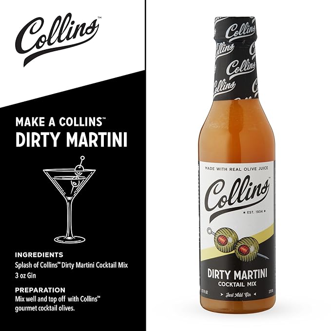 Collins Dirty Martini Mix, Dirty Martini Olive Brine, Olive Juice for Dirty Martinis, 12.7oz Cocktail Mixer Set of 1