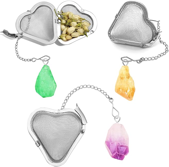 3PCS Loose tea infuser，Stainless Steel Tea Strainers for Loose Tea，tea leaves infuser，Fine mesh tea ball + crystal pendant，Suitable for brewing all loose leaf teas (3, Amethyst + Fluorite + Citrine)