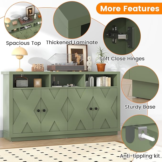60” Large Sideboard Buffet Cabinet with Storage, Farmhouse Kitchen Buffet Cabinet with Adjustable Shelves and 4 Barn Doors, Wood Coffee Bar Storage Cabinet for Kitchen, Dining Room, Green