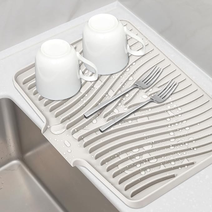 Silicone Dish Drying Mat, Stone Drying Mat for Kitchen Counter with Built-In Drain, Non-Slip Drain Pad with Built-in Drain, Heat Resistant Stone Drying Mat, 1Pcs 19.7" x 17", Cream