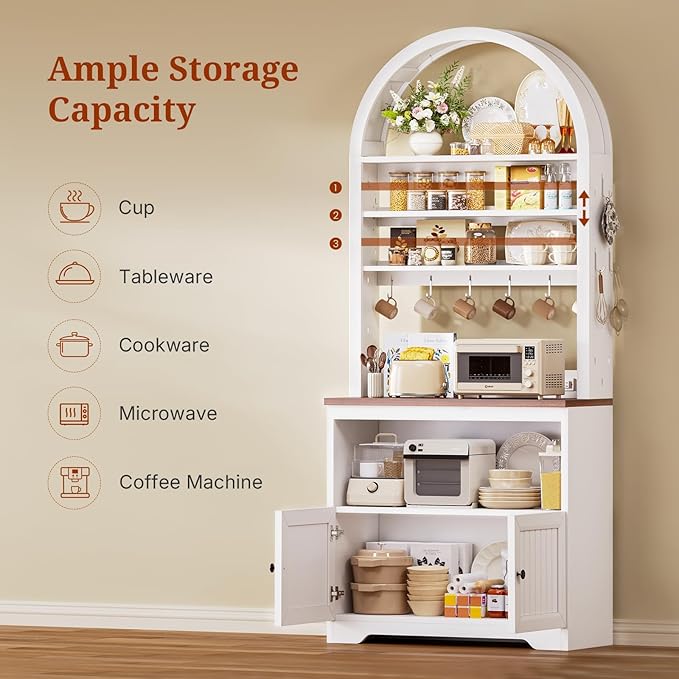 79" Tall Arched Bakers Rack with Power Outlets, Coffee Bar Cabinet with Storage, Kitchen Microwave Stand with Pegboard & 10 Hooks, Adjustable Shelves for Dining Room, Living Room, White