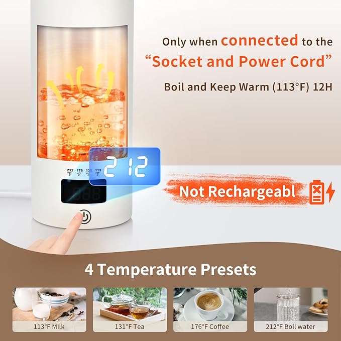 Travel Electric Tea Kettle, 500ML Small Water Boiler Kettle Electric with 4 Temp Settings, Auto Shut-Off & Boil Dry Protection, 304 Stainless Steel Portable Bottle Warmer for Travel, White