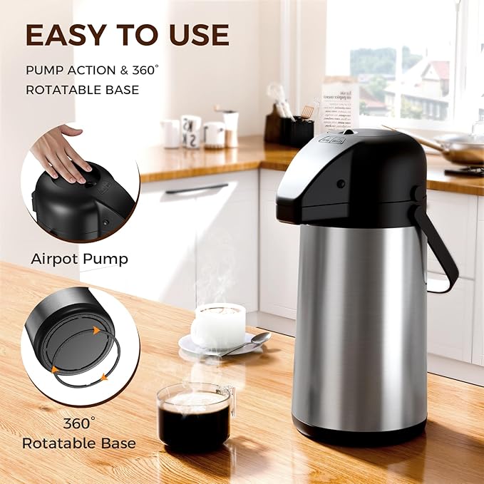Coffee Carafe for Keeping Hot - Gezoss 64OZ / 1.9L Airpot Coffee Dispenser with Pump - Large Coffee Thermos for Hot Drinks Tea Liquid - Insulated Stainless Steel Hot Water Beverage Urn for Parties