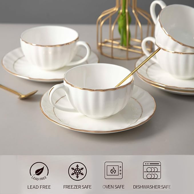 Bone China Tea Cups and Saucers Set (6 oz, Set of 4) – White Luxury Fine Porcelain Mugs for Tea, Coffee, Latte Art, Barista Use, Elegant Gifting