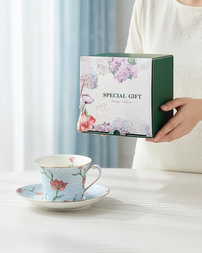 Exquisite Bone China Tea Cups and Saucer Set – Elegant Porcelain Tea Cups, Beautifully Detailed for Tea Lovers, Gift-Ready for Christmas, Hostess, Holiday Gift & Fall Decor