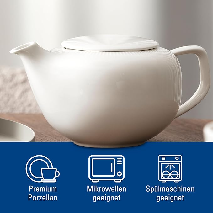 Villeroy & Boch Afina Teapot with Filter, Premium Porcelain, Made in Germany, Dishwasher and Microwave Safe, 17 oz, Loose Leaf Filter, White