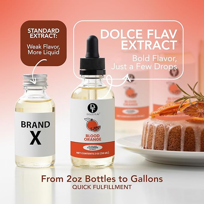 Dolce Flav Natural Blood Orange Extract – 2 Ounce Oil-Soluble Kosher, Sugar-Free, Concentrated Blood Orange Flavoring for Baking, Chocolates & Desserts, Includes Measured Dropper