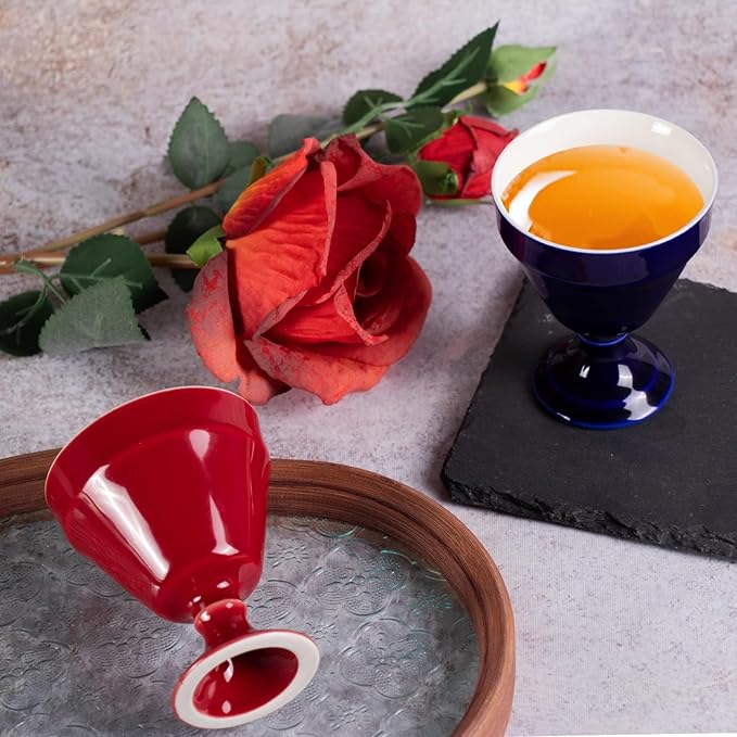 KAMMAK Tea Cup, 3oz Small Tea Cups Set of 2, Ceramic Tea Cups for Home, Tea Party, Office, Fashion Porcelain Tea Set with Short Stem, Chinese Kungfu Tea Set for Hot/Cold Drink (Red and Blue)