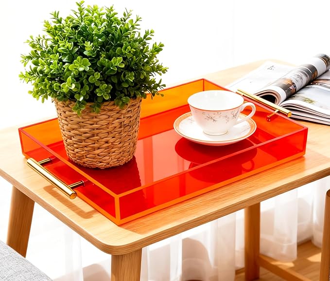 Acrylic Serving Tray with Handles Large Ottoman Food Decorative Tray for Coffee Table Tea Fruit Snack Kitchen Bar Platter, 17x13’’, Neon Orange