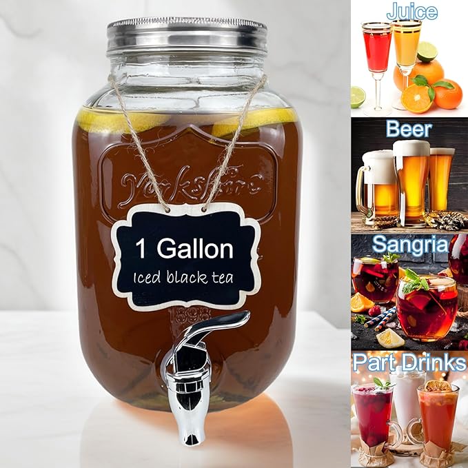 1 Gallon Glass Drink Dispenser for Parties, 1PCS Juice Lemonade Ice Tea Water Dispenser with Stand, HENABLE Beverage Dispensers with Spigot for BBQ, Picnic, Party