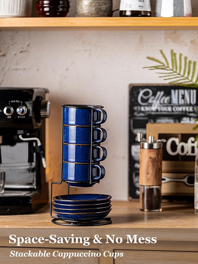 Gomakren 6 Ounce Cappuccino Cups with Saucers and Metal Stand, Stackable Coffee Cup Set of 4, Christmas Porcelain Espresso Cups for Coffee Drinks, Cappuccino, Latte, Americano, Tea, Cobalt Blue