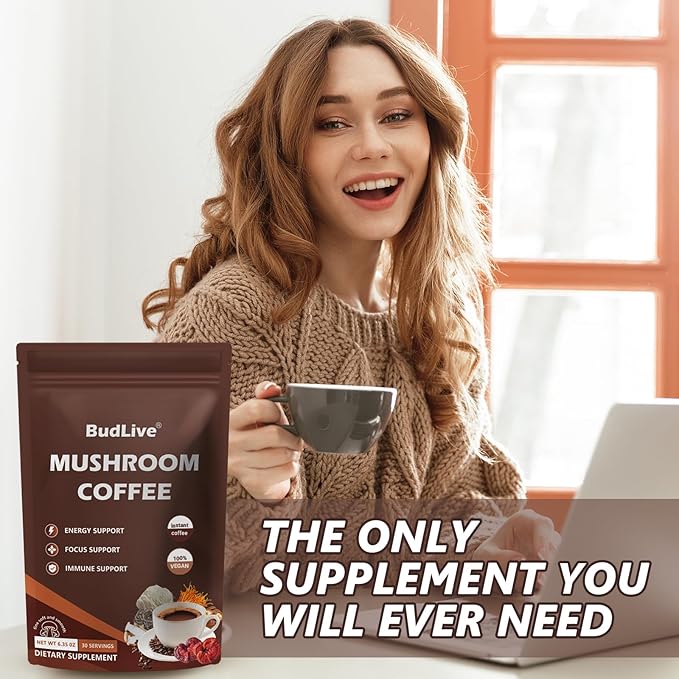 Mushroom Coffee with Lion's Mane, Reishi & Cordyceps – 6 Mushroom Adaptogen Blend for Focus, Energy, Digestion & Immune Support, Low Acid Instant Coffee Powder, 30 Servings