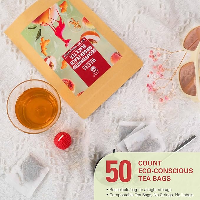WT WEETEE Decaf Ginger Peach Black Tea Bags 50 Counts, Made of Decaffeinated Black Tea, Ginger & Natural Peach Flavor, Flavored Fruit Tea Bags