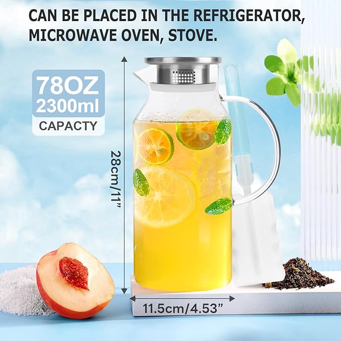 Yirilan Glass Pitcher, 2.3 Liter Beverage Pitcher with Lid for Hot & Cold Water, Iced Tea & Juice Drink - Includes Cup Brush