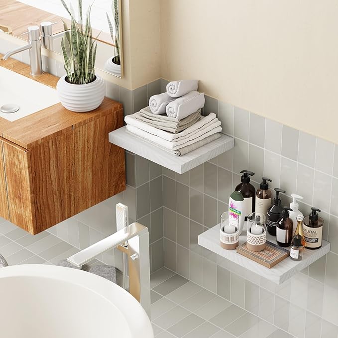White 12 Inch Deep Floating Shelves Set of 2, Rustic Wood Shelving Live Edge Shelves Display, Bathroom Wall Shelf Decor for Living Room, Kitchen, Office