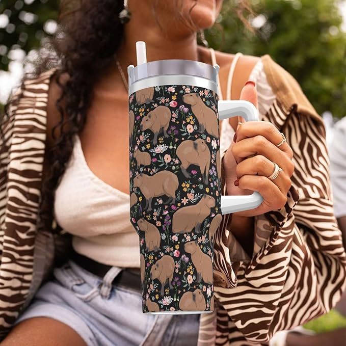 Capybara Gifts Capybara Tumbler Cute Water Bottle Cups for Girls, Teens, Women, Men Stainless Steel Vacuum Insulated 40oz Tumbler with Lid and Straw for Water, Iced Tea or Coffee, Black