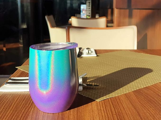 CHILLOUT LIFE 12 oz Stainless Steel Wine Tumblers 2 Pack - Double Wall Vacuum Insulated Wine Glasses Cups with Lids and Straws Set Keeping Cold & Hot for Coffee, Beer, Ice Cream - Mermaid Sparkle