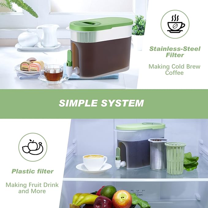 2 Pcs Cold Brew Maker, 1 Gallon Plastic Beverage Dispenser for Parties and 2 Filters, Christmas Drink Dispenser, Cold Brew Pitcher with Spigot, Container for Juice, Water, Tea(Green)