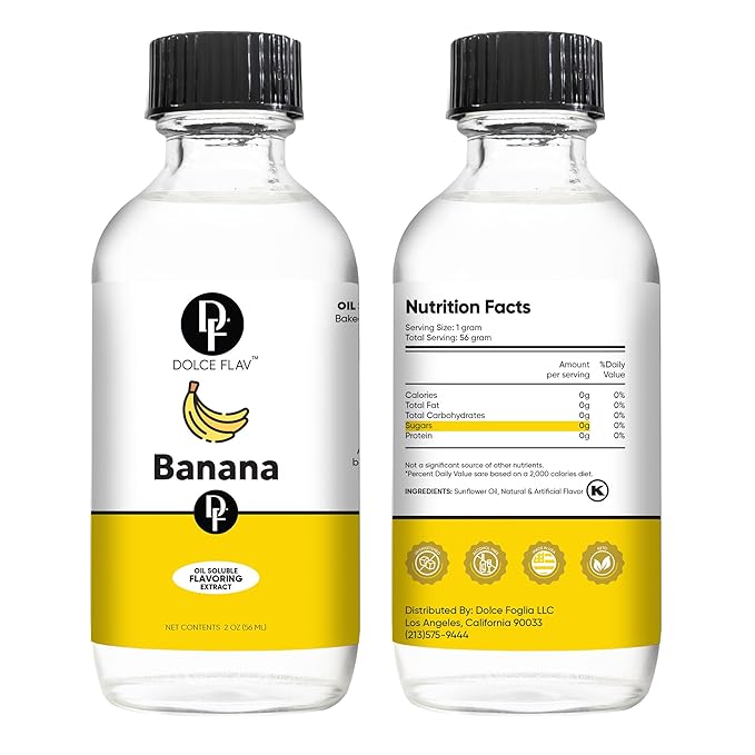 Dolce Flav Banana Extract – 2 Ounce Oil-Soluble Kosher, Sugar-Free, Concentrated Ripe Banana Flavoring for Baking, Smoothies & Ice Cream, Includes Measured Dropper, Pack of 2